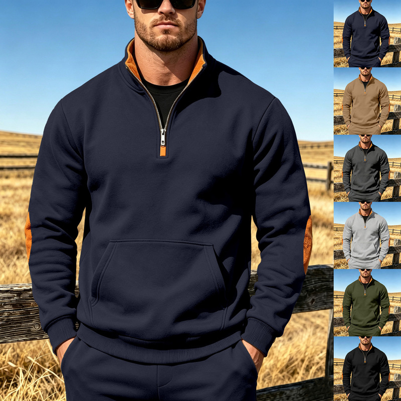 Cross-border European and American autumn and winter men's loose-fitting fashion color-block patch half-zip fleece-lined large size stand-up collar sweatshirt