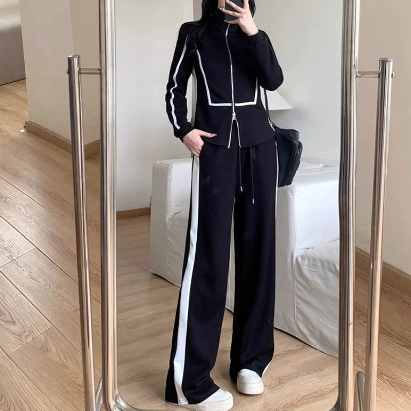 300 фунтов больших размеров осенние широкие брюки повседневная куртка на молнии свитер женский костюм толстый, чтобы покрыть живот, тонкий набор из двух частей