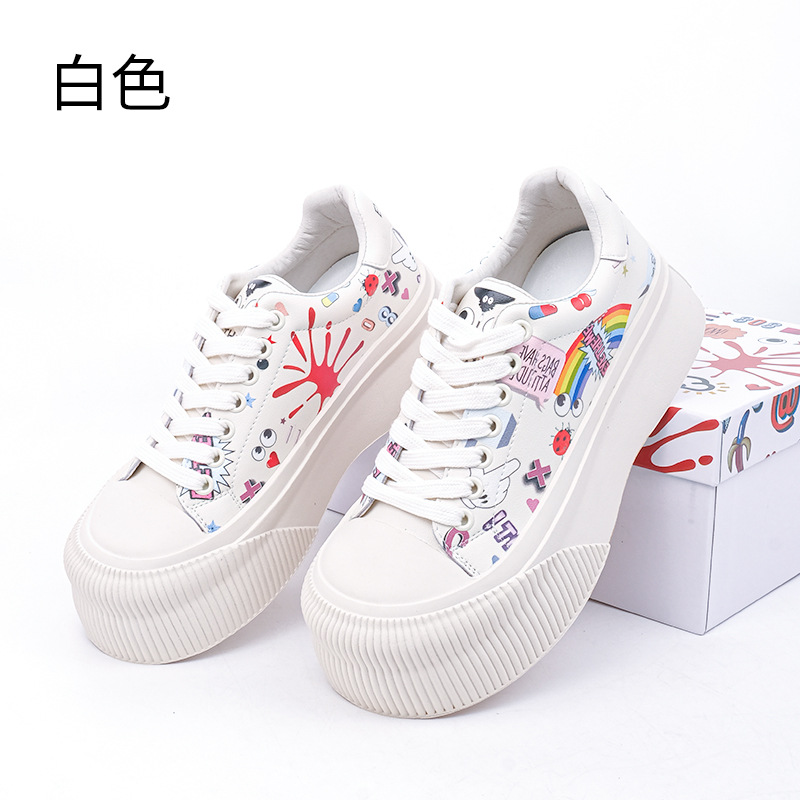 Marca de moda graffiti cordones de zapatos para chicas calles zapatos de martillo de altura de cuero para mujeres zapatos casuales blancos A162 #