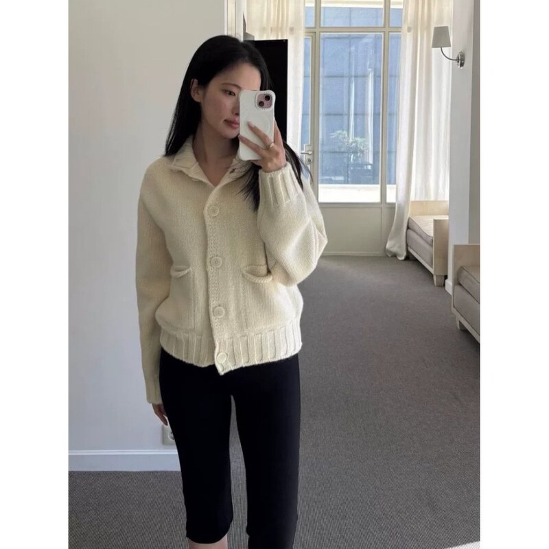 Winter New Korean Style Not*Ing Written Stand Collar Warm Rolled Edge Pocket Knit Wool Cardigan