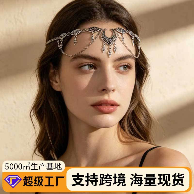 European and American Cross-Border Exotic Style Rhinestone Coin Tassel Hair Accessory for Women, Vintage Geometric Chain Forehead Head Chain