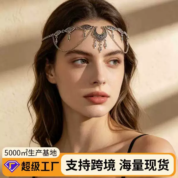European and American Cross-Border Exotic Style Rhinestone Coin Tassel Hair Accessory for Women, Vintage Geometric Chain Forehead Head Chain