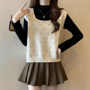 2025 Spring and Autumn New French Style Chic Niche Wave Dot Square Collar Ware Outer Vest Top for Women