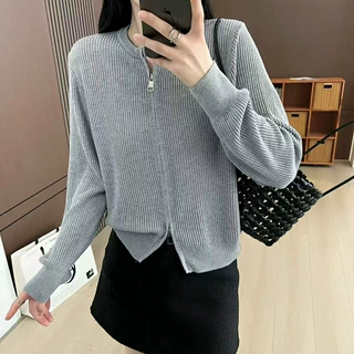 早秋双拉链针织开衫女 圆领坑条短款毛衣外套 显瘦百搭气质针织上