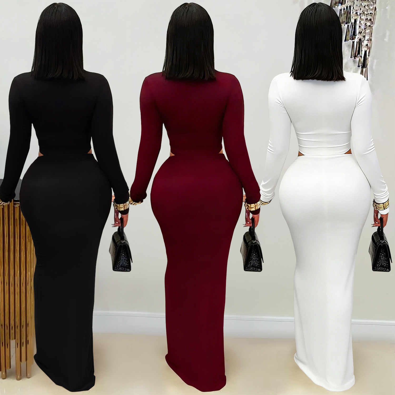 C7631 Aliexpress transfronterizo Amazon Europa y América moda de mujer sexy cuello v color sólido vestido de mangas largas de cadera image 3