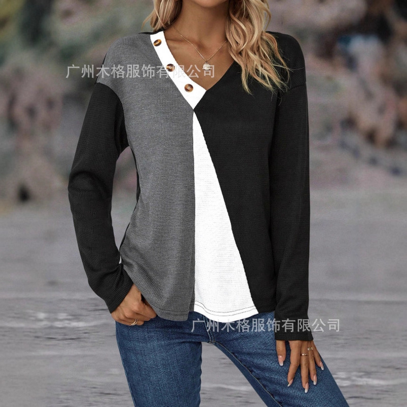 2025欧美跨境女士T恤纯色时尚现代休闲女装撞色印花宽松圆领纽扣|undefined