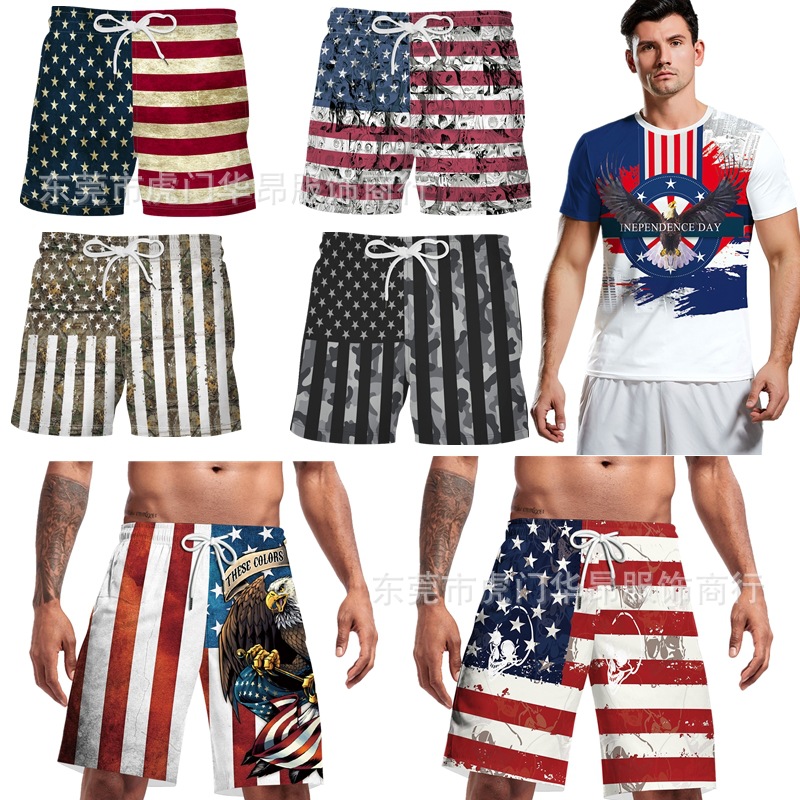 Independence Day American flag digital printing summer men's beach pants loose sports seaside surfing casual shorts