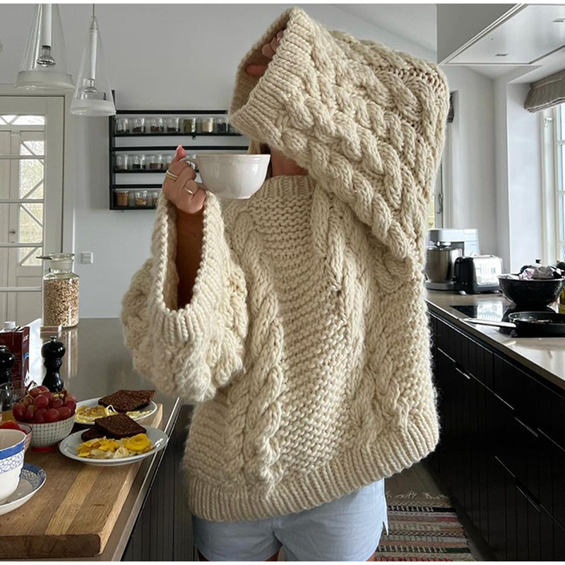 Real shot-Korean round neck twist autumn and winter sweater loose lazy wind solid color fashion Joker women's knitted jacket