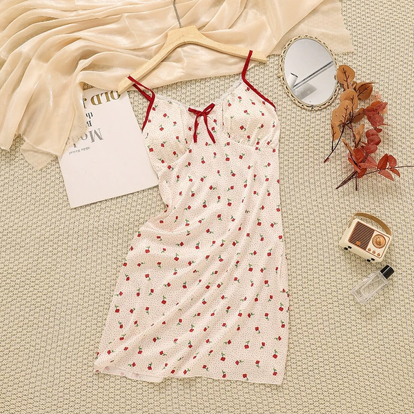 Rose satin silk nightgown - with breast pad