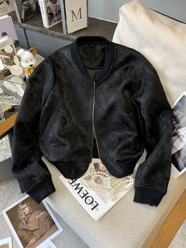 Top Spring Retro Embroidered Floral Jacket Women's Baseball Uniform Short Petite Jacket Black 2025 Casual Flight