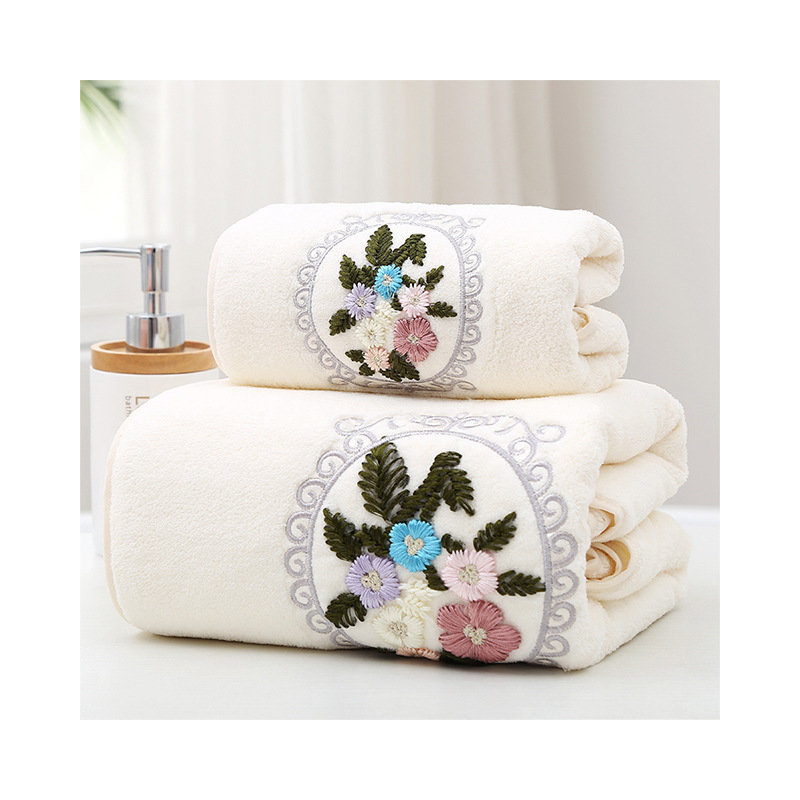 Floral Pattern Face Towel Set Manufacturer Wholesale Home Daily Use Cartoon Embroidered Soft Absorbent Bath Towel Two Piece Set