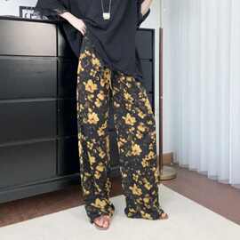 复古印染休闲裤女夏季薄款海边度假印花阔腿长裤宽松居家直筒睡裤