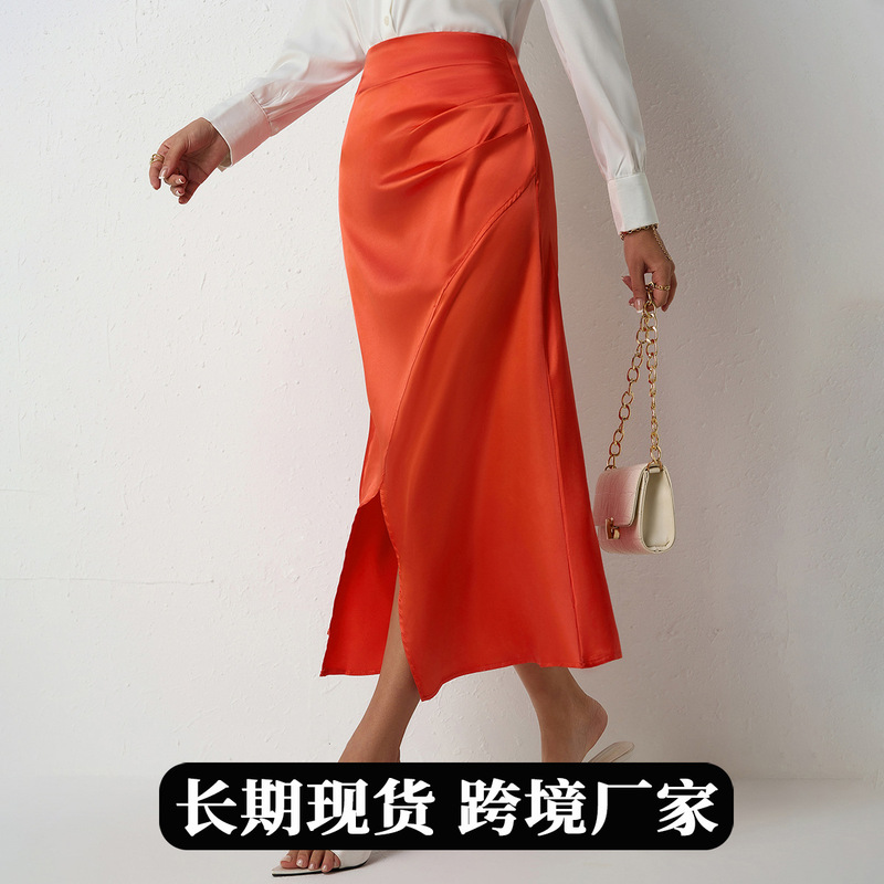 Real Shot of Cross-Border Women's High-Waisted Slit Satin Long Skirt, Pleated European and American Skirt, Zipper Fishtail Hip-Hugging Skirt Real Shot of Cross-Border Women's High-Waisted Slit Satin Long Skirt, Pleated European and American Skirt, Zipper Fishtail Hip-Hugging Skirt