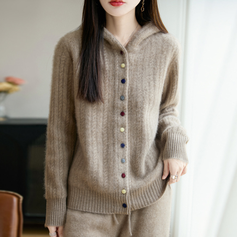 重磅加厚100纯羊毛开衫女秋冬毛衣宽松上衣连帽羊绒针织女装外套|undefined