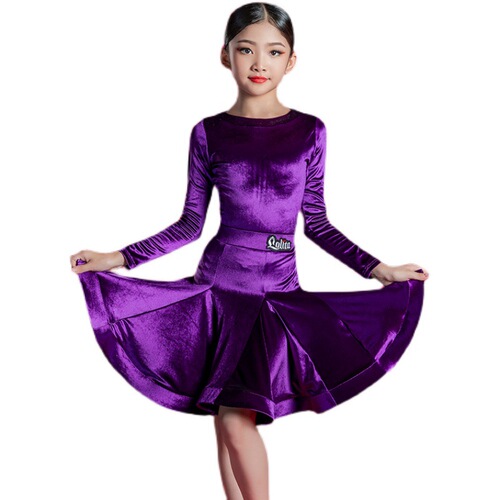 Girls Violet velvet competition Latin dance Dresses Latin Performance Suit  for kids Standard ballroom latin dance costumes