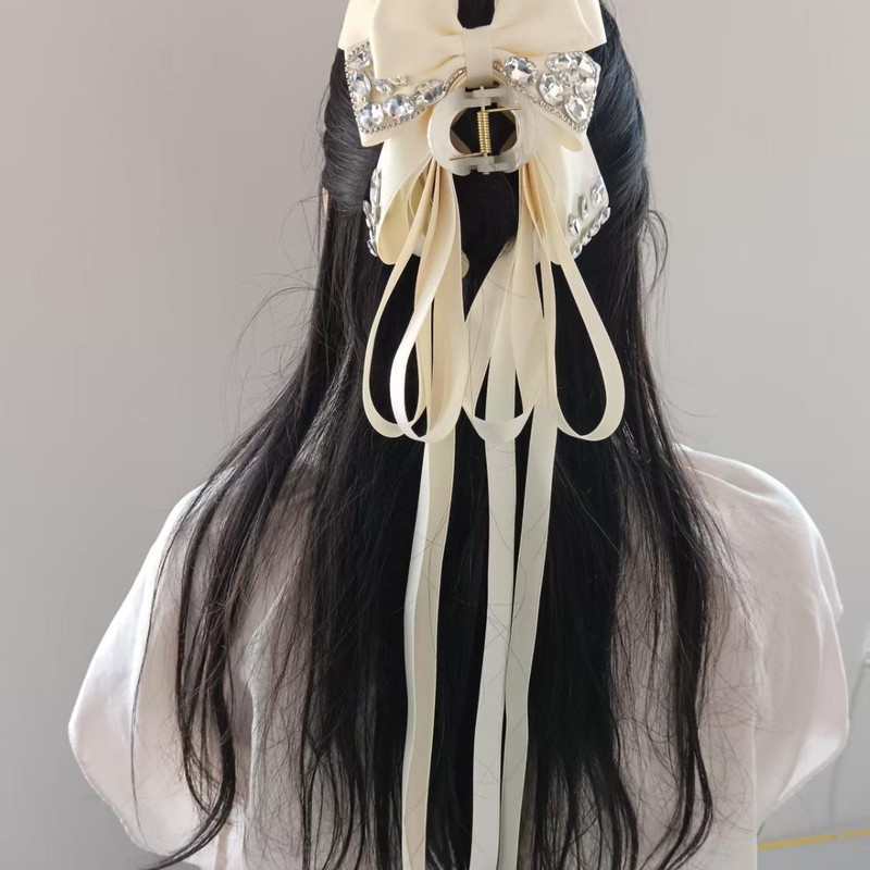 轻奢高级感夜宴蝴蝶结闪钻飘带马尾抓夹长飘带甜美时尚发饰|undefined
