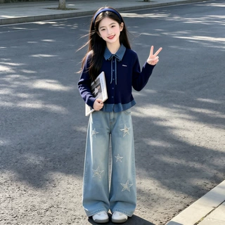 女童秋装套装2026新款儿童洋气针织开衫上衣秋季女孩牛仔裤两件套