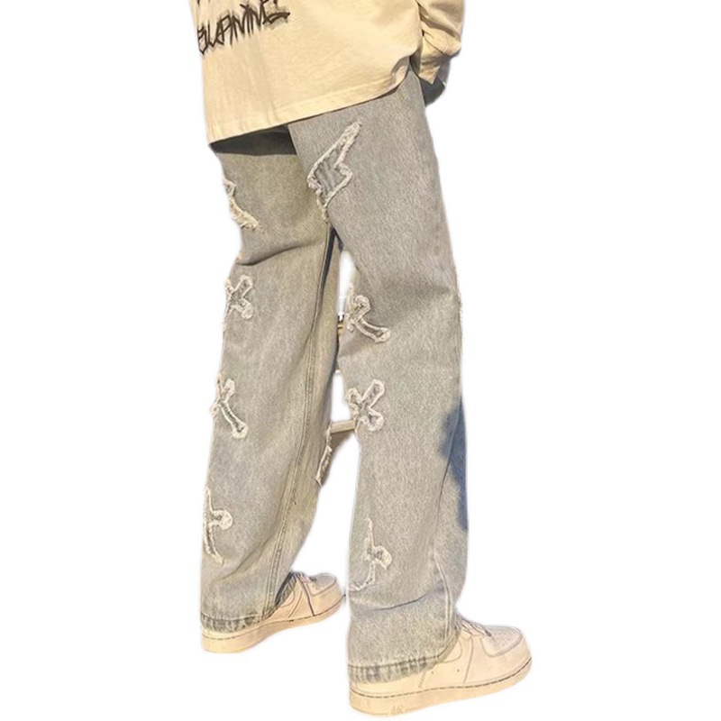 Primavera High Street American hip hop jeans hombres moda marca parche Pantalones rectos calle más tamaño ancho pierna fregona pantalones largos