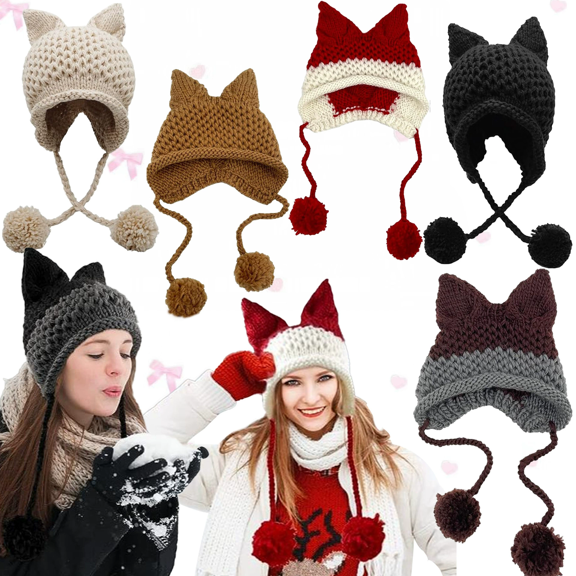 2025 Трансграничная мода кошачья ушная шарик для взрослых шерстяная шапка ручной вязаная шапка осень-зима теплая забавная кошачья ушная шапка