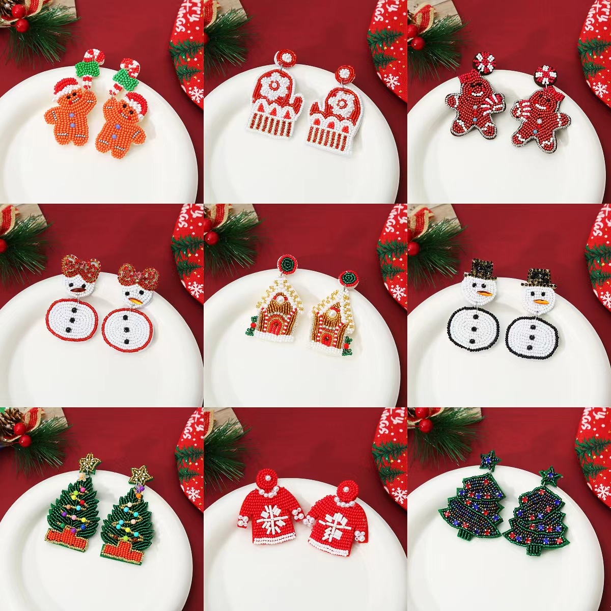 亚马逊跨境圣诞耳环聚会派对圣诞节装饰品个性夸张纯手工米珠耳环