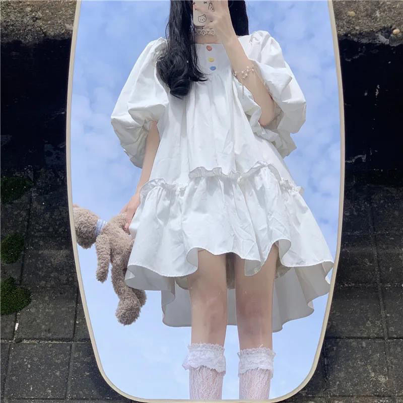 日系甜美软妹连衣裙女2022夏季新款宽松显瘦小清新泡泡袖娃娃裙