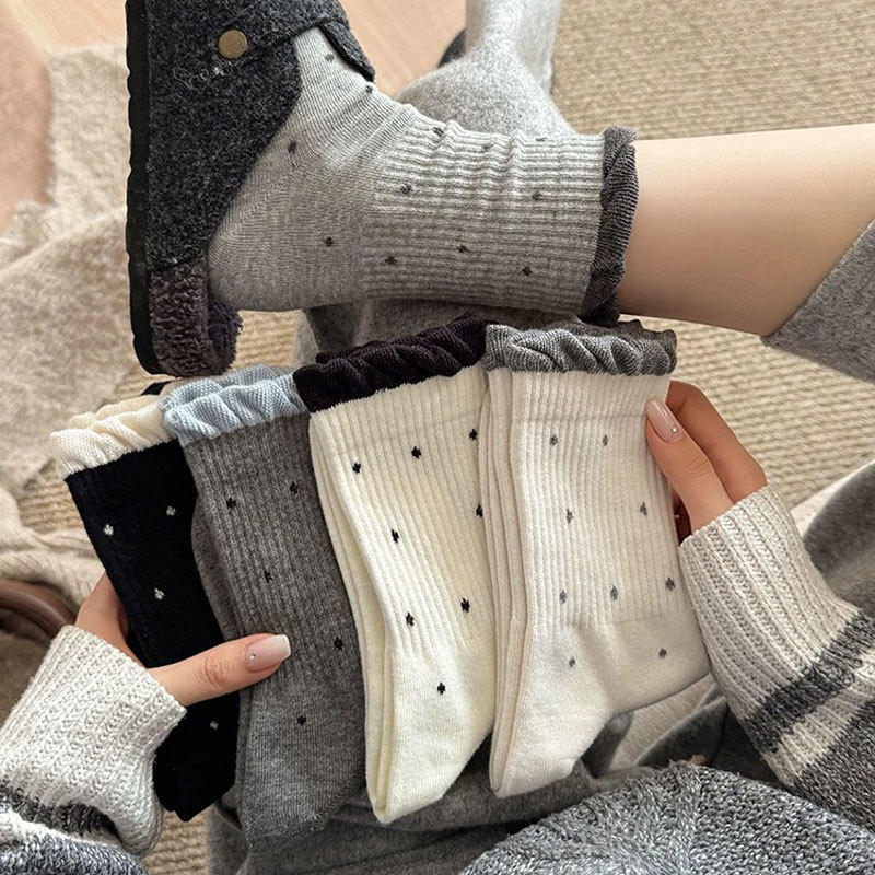 Autumn and Winter Socks for Women, Mid-Calf Socks with Polka Dots and Lace, Versatile Thick Warm Slouch Socks, Free Shipping Autumn and Winter Socks for Women, Mid-Calf Socks with Polka Dots and Lace, Versatile Thick Warm Slouch Socks, Free Shipping