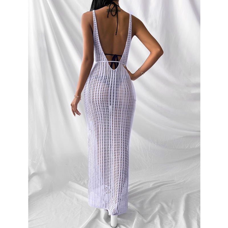 V Neck Neckline Wholesale Women's Sexy Hollow Out Backless Solid Color Beach V Neck Sleeveless Irregular Skirt