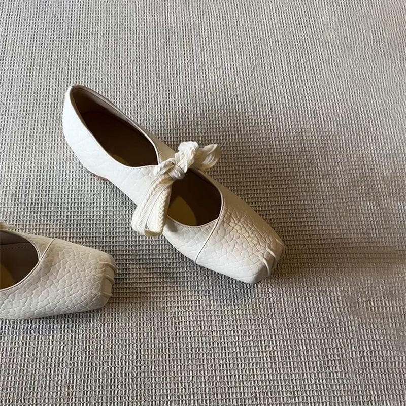 Cowhide Version with 5cm Hidden Height Increase, Korean-Style Lace-Up Square-Toe Mary Jane Shoes, Sweet French-Style Shallow Ballet Flats for Women