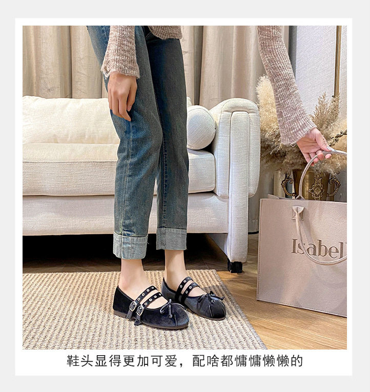 Giày Mary Jane nhung nhung mũi tròn đế mềm thắt nơ gót thấp — Màu hồng, Màu mơ, Màu đen chi tiết 11