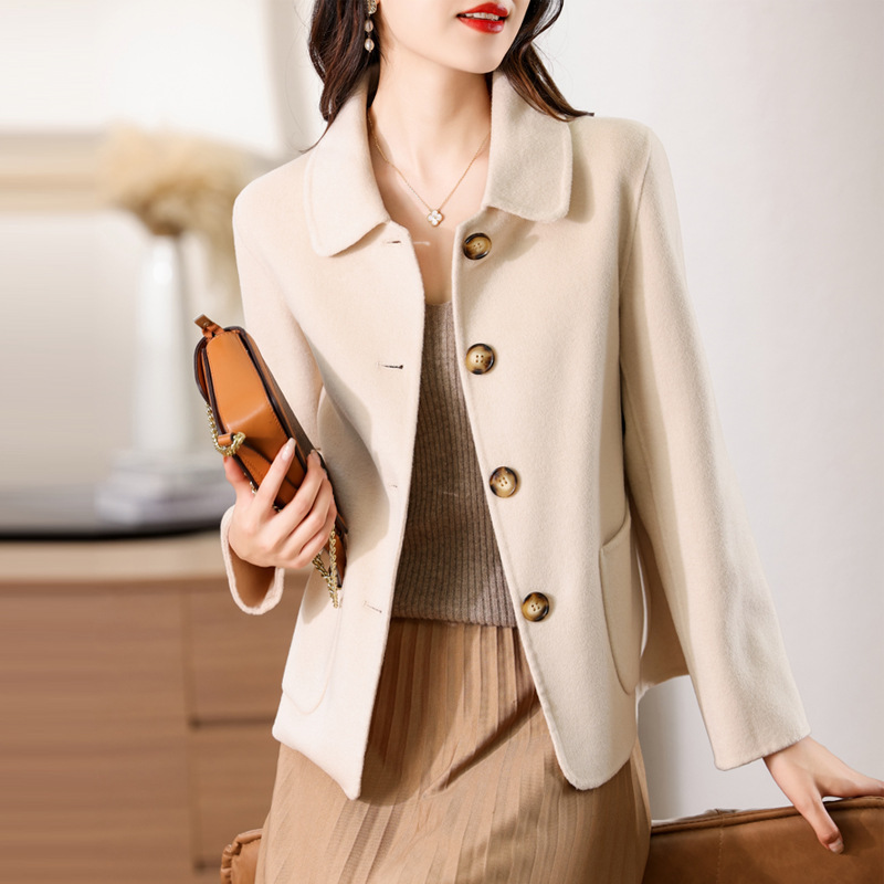 New Wool Double-Sided Woolen Outwear for Women, Short Style, Slim Doll Collar, Simple Elegant, Casual, Versatile Outwear for Small People