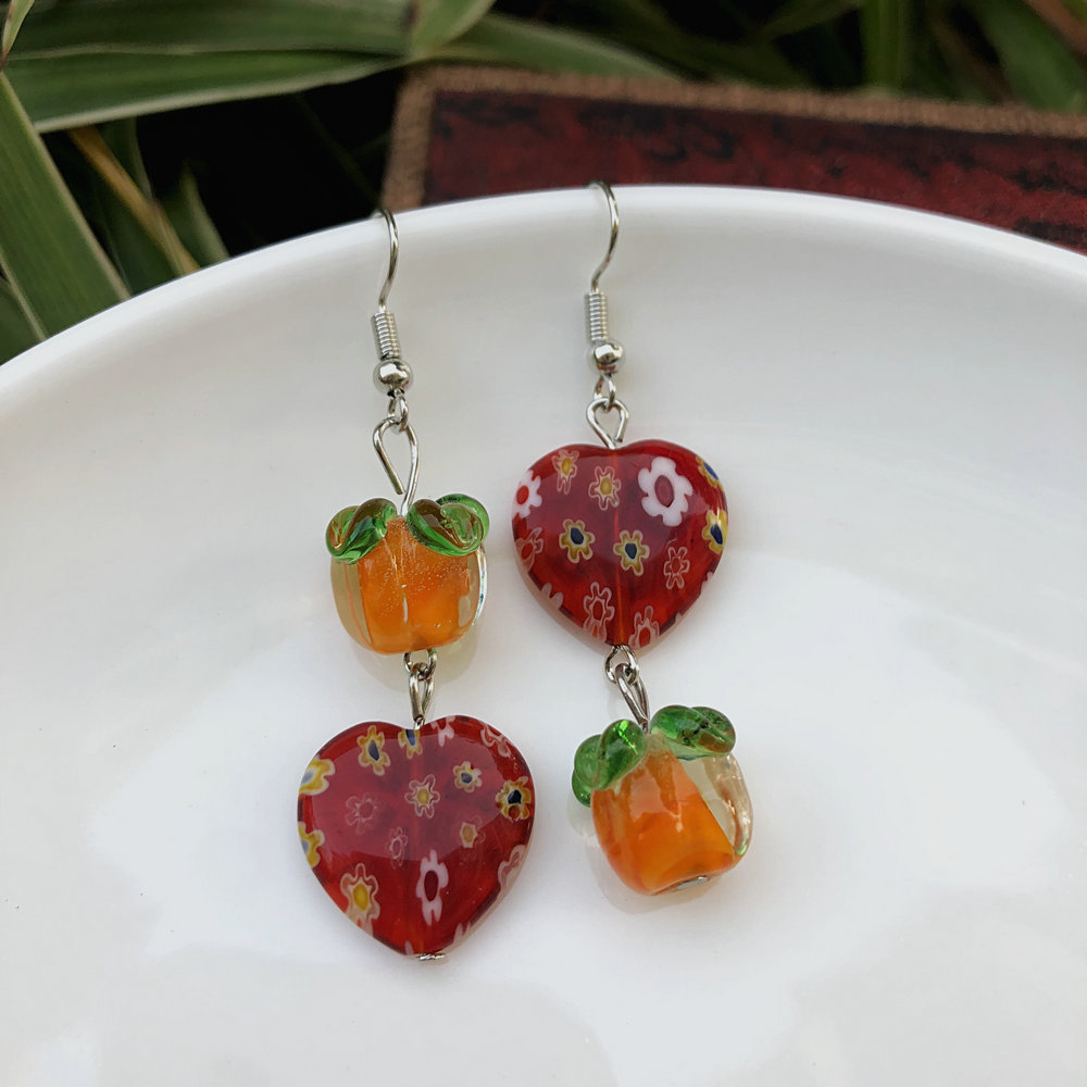 15g Weight Alloy Ear Needle Material Drop Earrings Classification 1 Pair Quantity Daily Occasion Glass, Metal Material Persimmon, Heart Shape, Flower Pattern All Seasons Season Women's Gender Polished Finish Asymmetrical Design Cute Style 1 Pair Cute Persimmon Heart Shape Flower Asymmetrical Glass Metal Drop Earrings 5