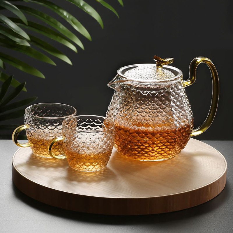 Caja de regalo de té de vidrio de borosilicato hogar traje tetera de flores de vidrio patrón de martillo japonés filtro separador de té