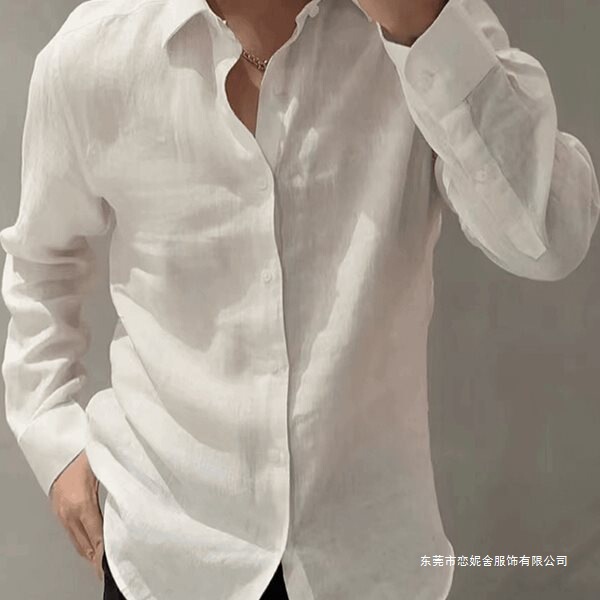 Light and Mature Old Money Style Linen Shirt Men's Autum Thin Business Casual Slim Long-Sleeved Breathable Shirt White Black