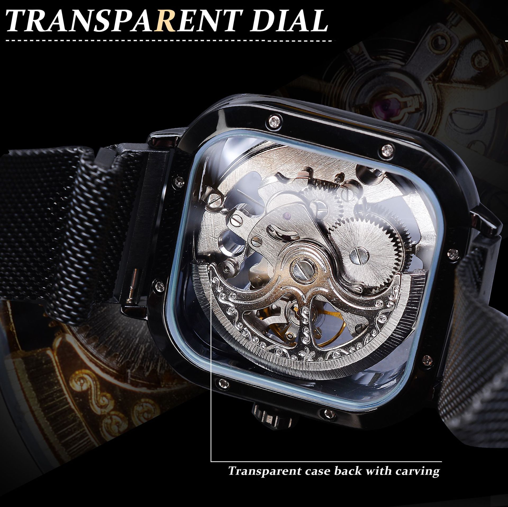 Forsing Hollow Men's Fully Automatic Mechanical Watch Square Dial Mesh Band Watch_voghion.com