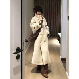 FOX ROOM 高级感双排扣羊毛呢大衣2025冬季加厚保暖长款外套W2399