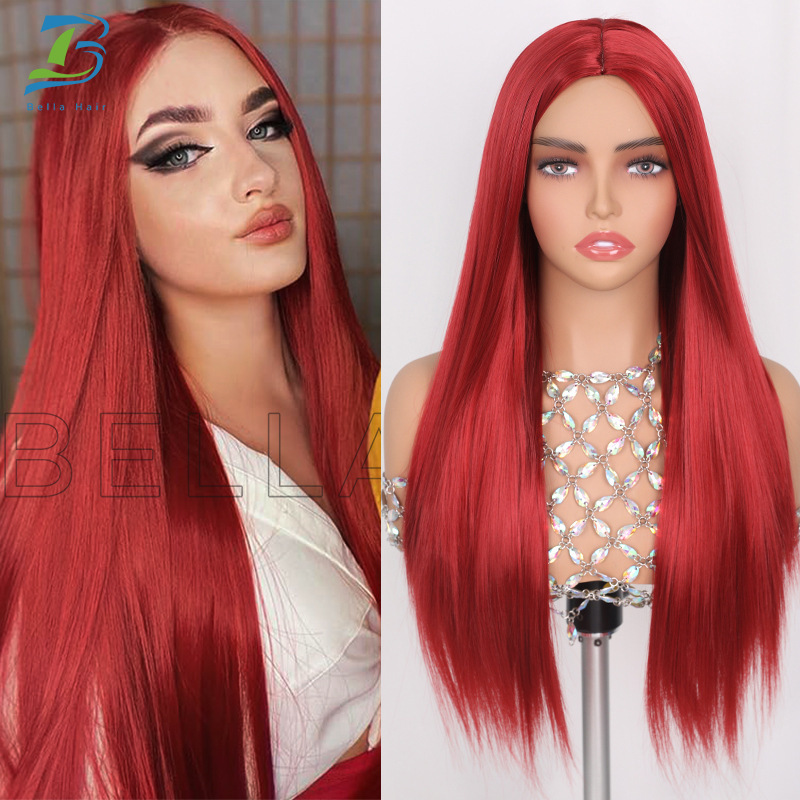 Cross-Border Wig Trade European and American Wigs for Women, Fashionable Middle-Parted Style, 26inch Red Synthetic Long Straight Hair, Tk Hot-Selling