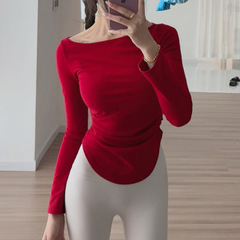 Luluの同じ長袖の肩の上着のアーチ形の裾の運動の女性のtシャツの側はしわのヨガのフィットネスの服を引きます。