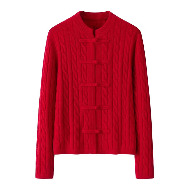 New Year Red Autumn/Winter New Chinese Style Knitted Cardigan with Embroidery and Jacquard for Women, Wool Cardigan for Women, Puyuan