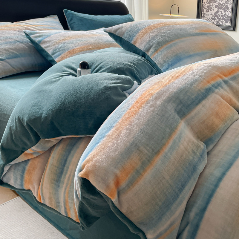 Invierno de coral de lana de leche de cuatro piezas, sábanas de franela, sábanas de cama de doble cara, cubierta de edredón gruesa de tres piezas