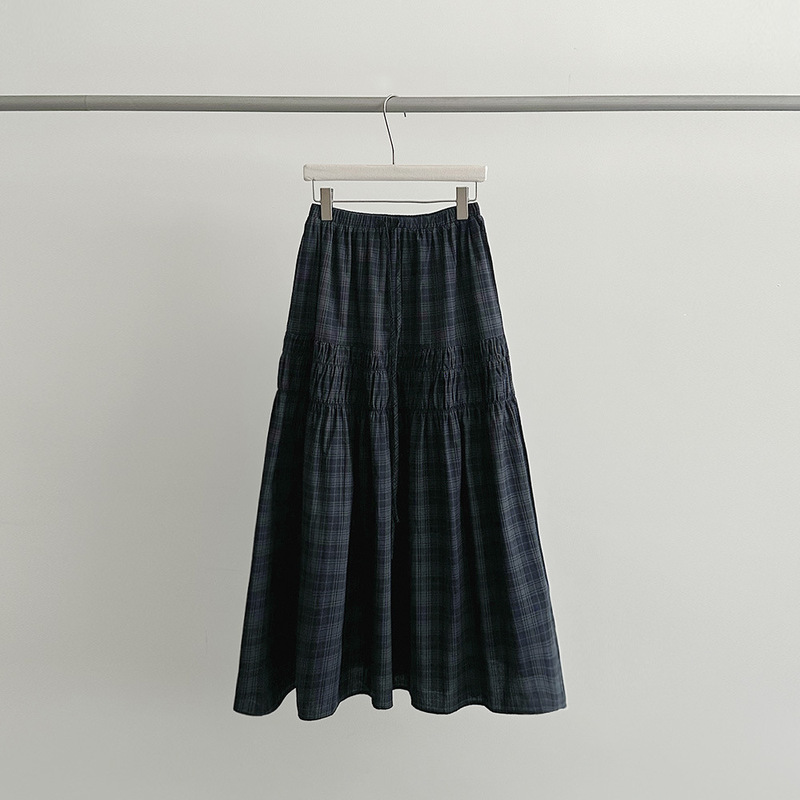 Evertrue 2025 Autumn Korean Style Thirteen Lines High Waist Skirt Women's Pure Cotton Mid-Length Plaid Skirt 68025