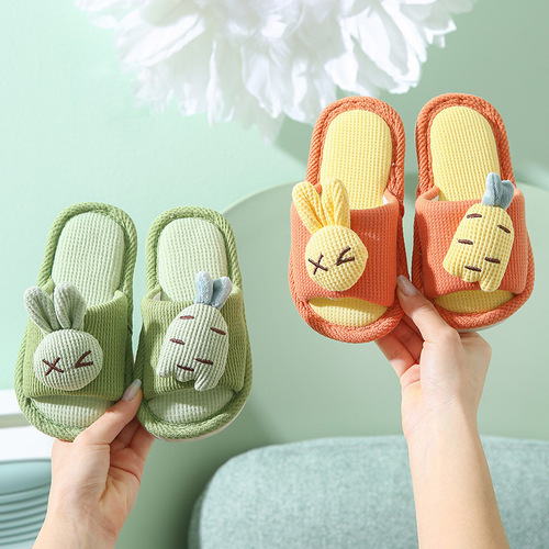 Parent-child opening cartoon carrot rabbit linen slippers personalized home indoor non-slip floor couple shoes for men and women