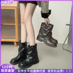 真皮版~复古褶皱厚底短筒靴女2025秋季新款皮带扣靴子裤管西部靴