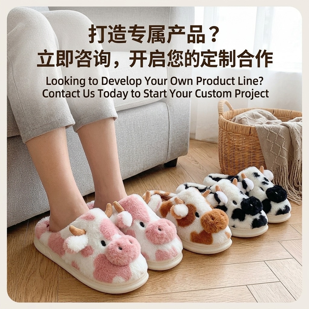 Pantuflas de algodón antideslizantes con diseño de vaca de dibujos animados, para interiores y hogar, de comercio exterior, superventas transfronterizas, en stock.
