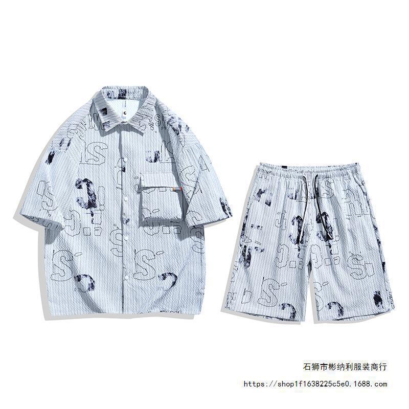 2024 nuevo tamaño grande burbujas de vestir de verano para hombres ropa de manga corta camisa + pantalones cortos un conjunto 