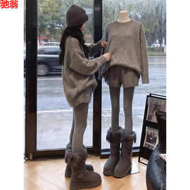 Y9Z韩系慵懒风软糯简约长袖针织衫女超好看的高腰休闲显瘦短裤两
