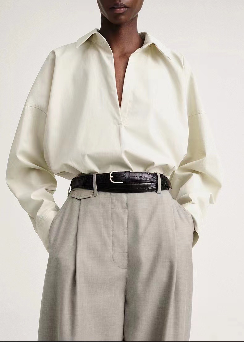 北欧から新しい長袖ミニマリストレディースシャツコットンポプリンバットスリーブVネック多用途ルーズシャツ