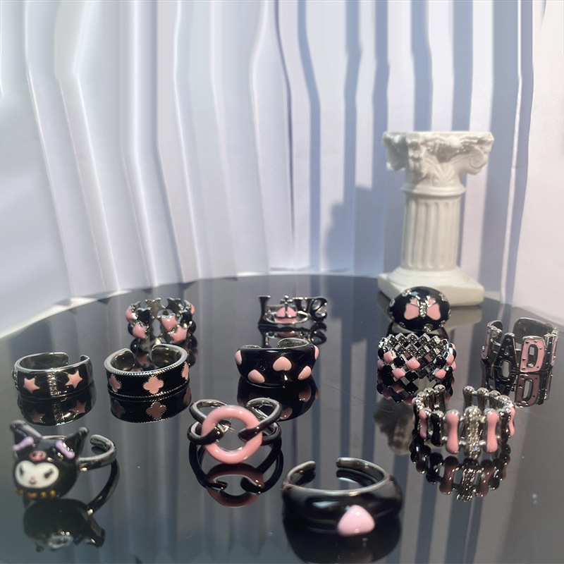 甜酷風愛心星拼色滴油開口戒指ins冷淡風氣質秋冬甜美高級感指環