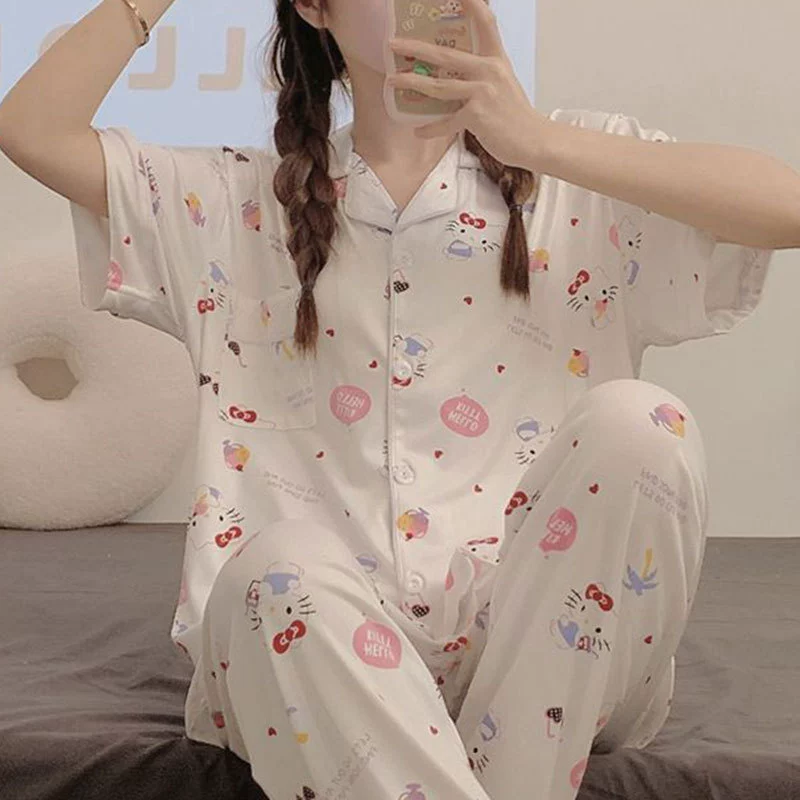 Пижамный набор Hello Kitty на осень (Hello Kitty) милый японский стиль, хлопок с длинным рукавом, размеры M–XXL
