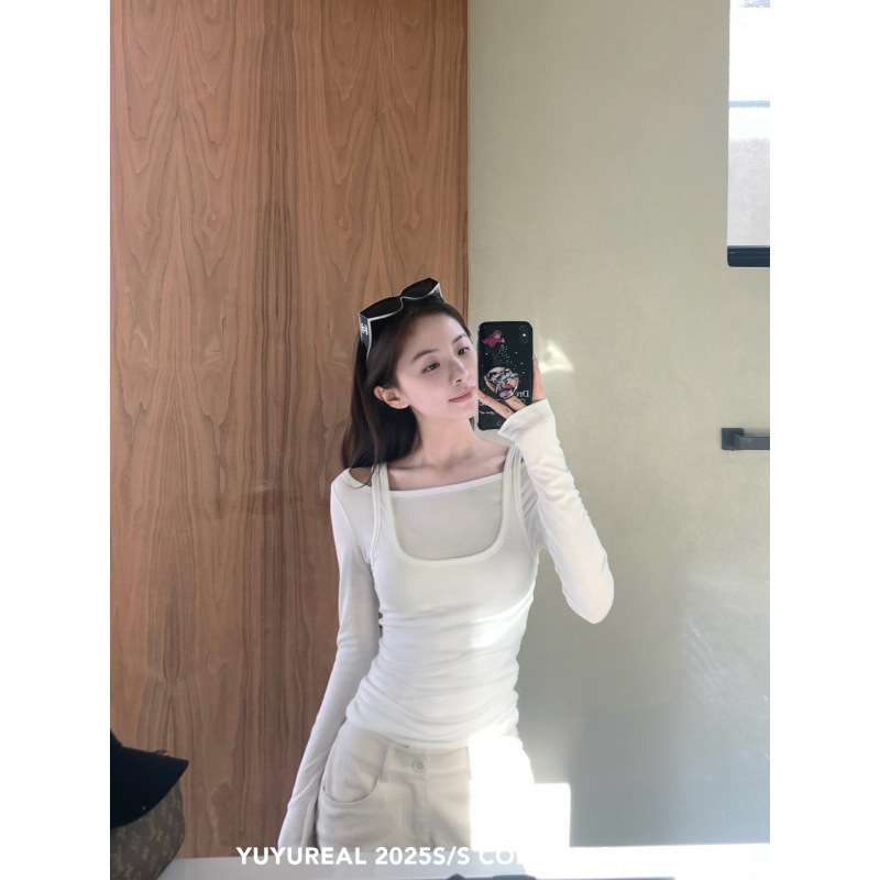 YUYUREAL 浅春系 天丝假两件修身上衣女春季设计感打底长袖T恤|undefined
