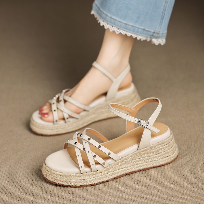 Straw comfortable universal casual sandals platform wedge heel open…